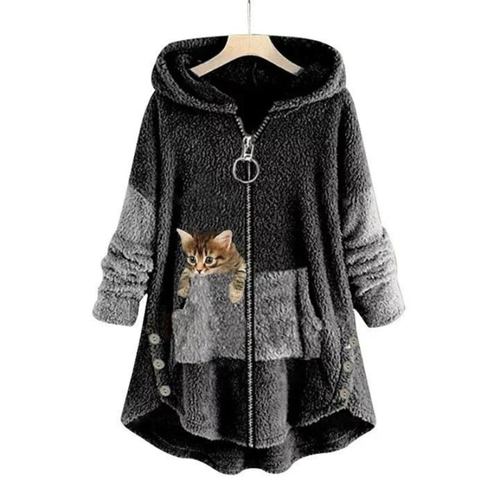 Ines | Women's Cute Fleece Zipper Hoodie with Cat Print