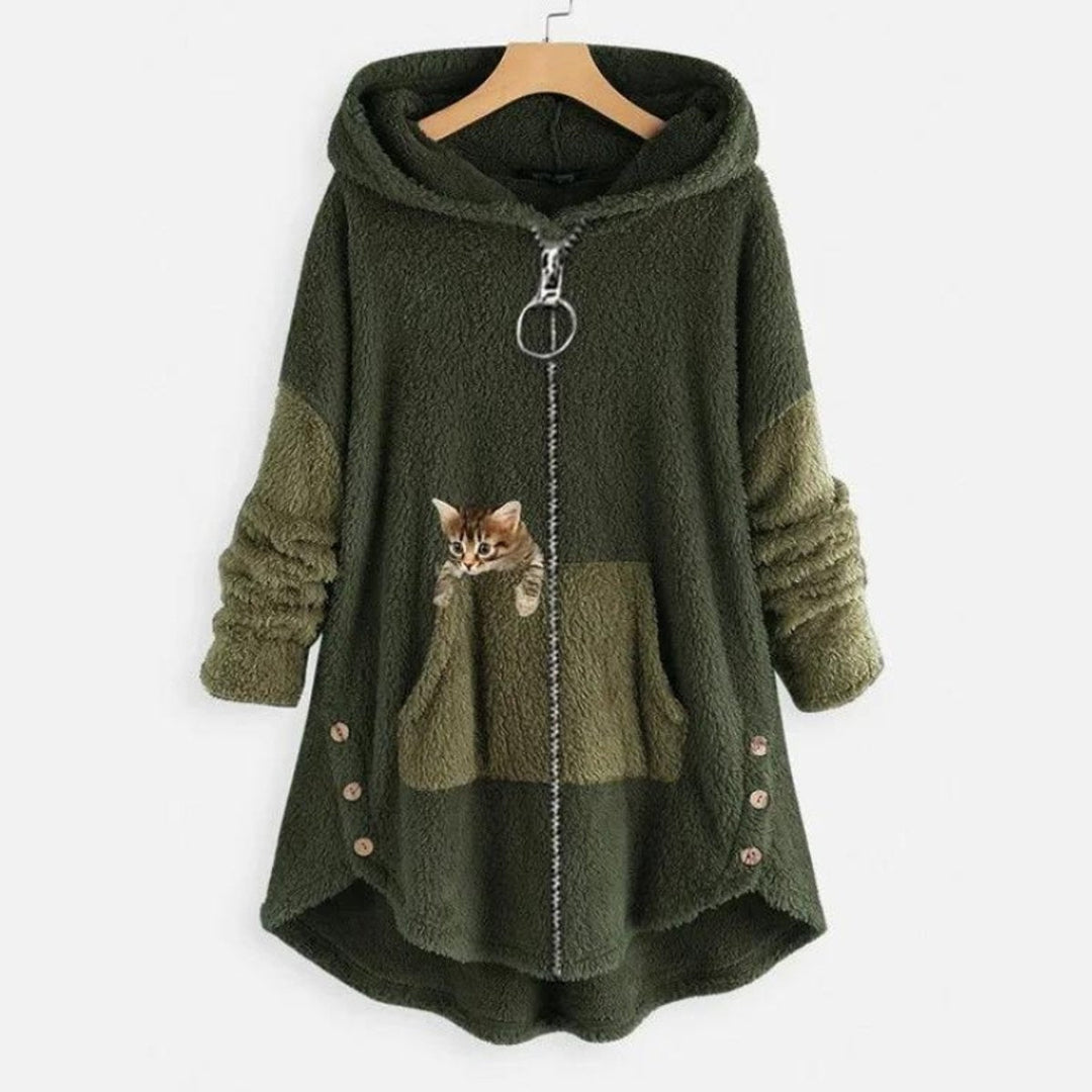 Ines | Women's Cute Fleece Zipper Hoodie with Cat Print