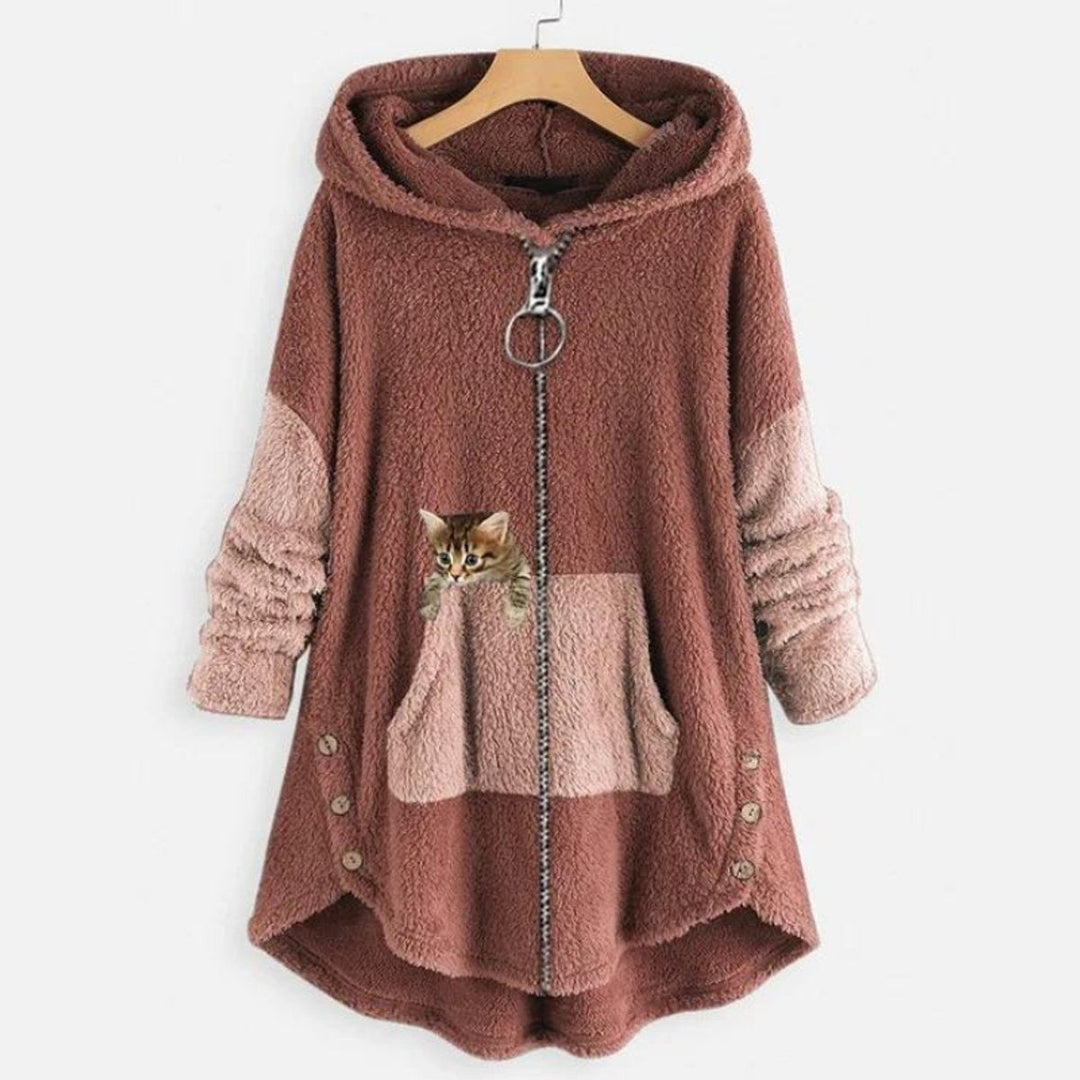 Ines | Women's Cute Fleece Zipper Hoodie with Cat Print