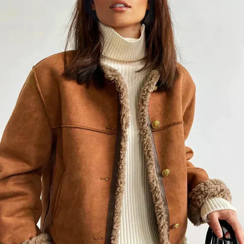 Ingrid | Women's Faux Shearling Jacket Cropped Button Front