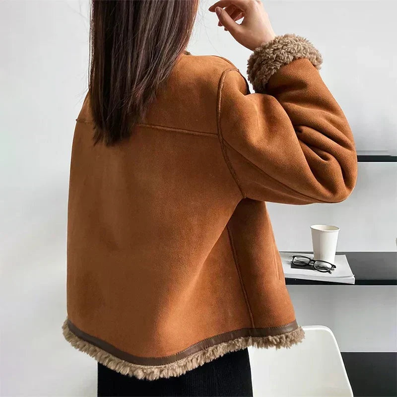 Ingrid | Women's Faux Shearling Jacket Cropped Button Front