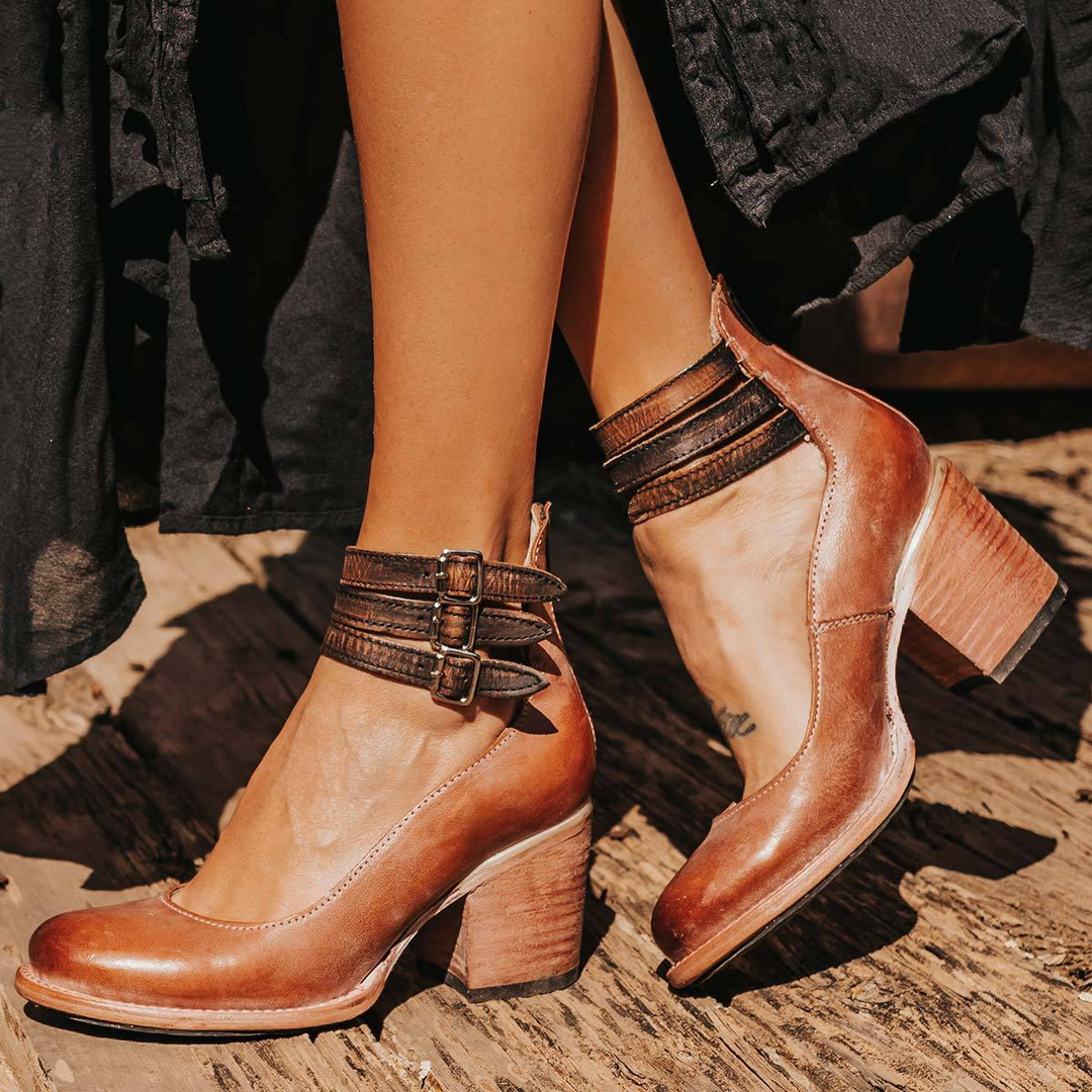 Isa | Pumps Dames Leer Enkelband Blokhak
