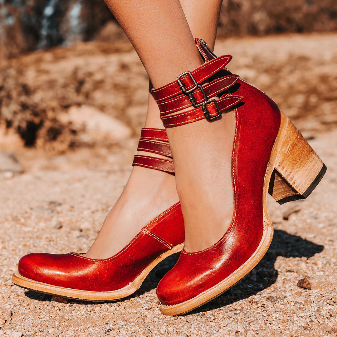 Isa | Pumps Dames Leer Enkelband Blokhak