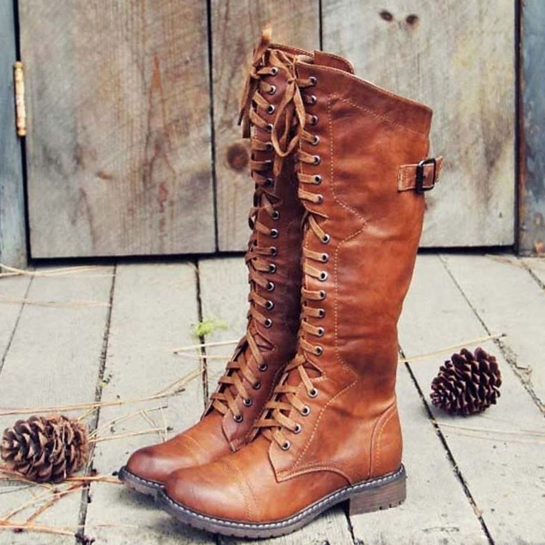 Isadora | Women's Knee High Lace Up Riding Boots Faux Leather
