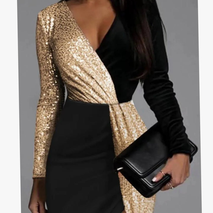Isadora | Women's Long Sleeve Sequin Cocktail Dress with Slit