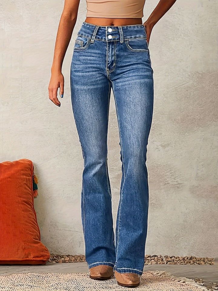 Jasmijn | Flare Jeans Dames Hoge Taille Dubbele Knoop