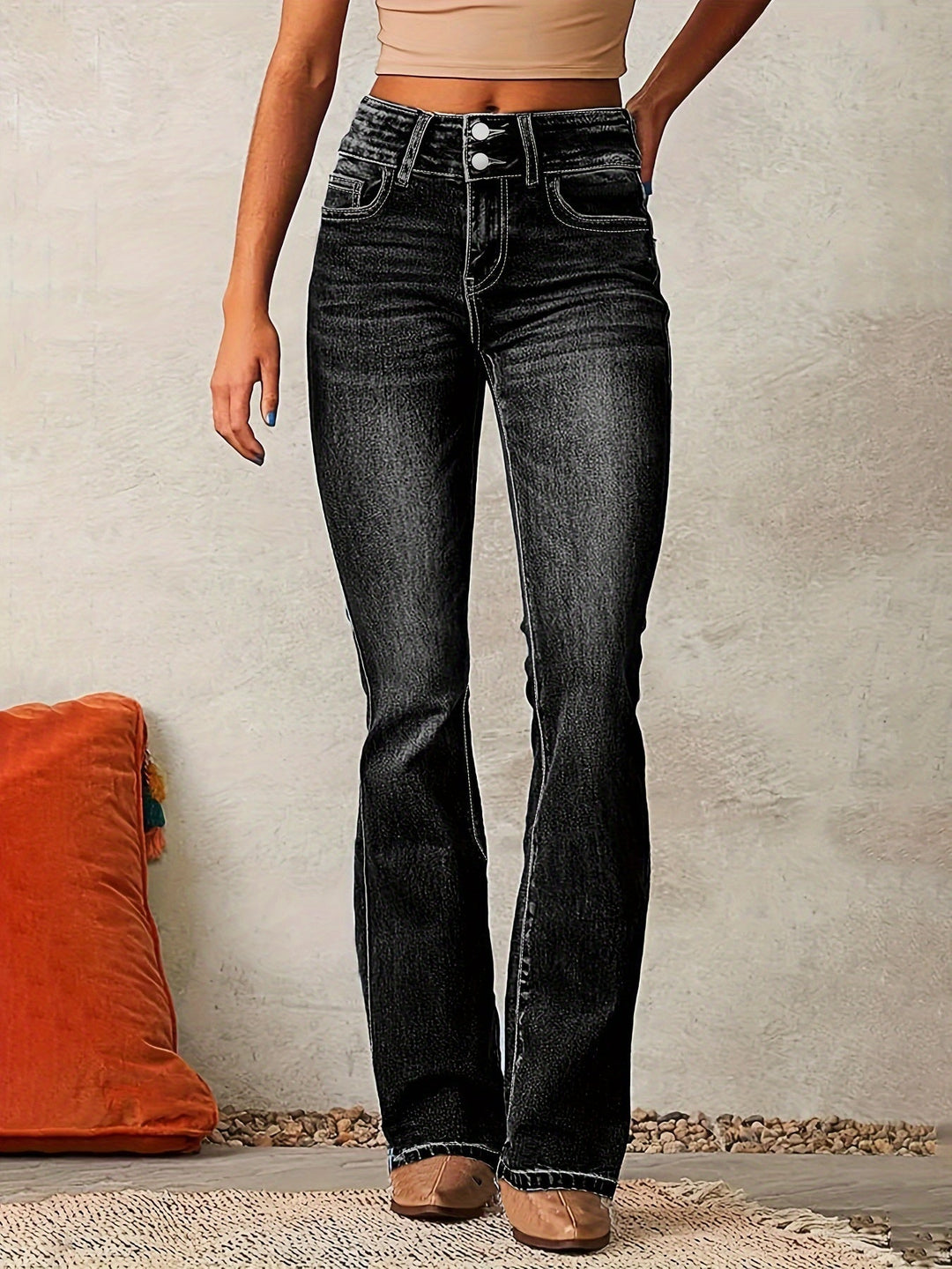 Jasmijn | Flare Jeans Dames Hoge Taille Dubbele Knoop