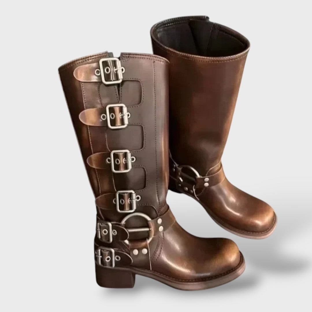 Jasmijn | Hoge Leren Laarzen Dames Gespen Biker Stijl