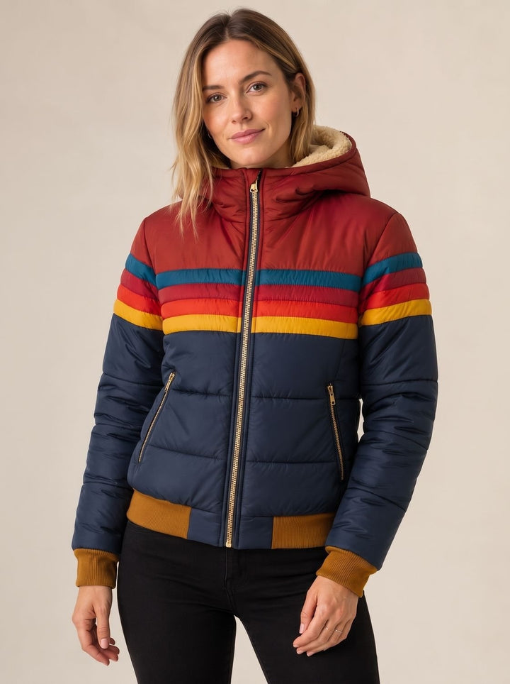 Josephine | Women's Hooded Puffer Jacket Sherpa Lined Retro Stripe
