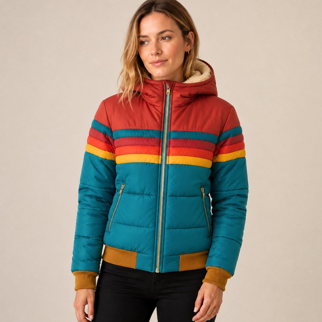 Josephine | Women's Hooded Puffer Jacket Sherpa Lined Retro Stripe