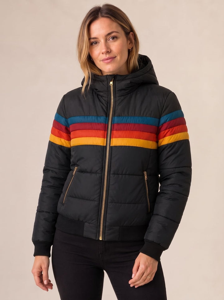 Josephine | Women's Hooded Puffer Jacket Sherpa Lined Retro Stripe