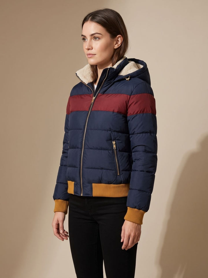 Josephine | Women's Hooded Puffer Jacket Sherpa Lined Retro Stripe