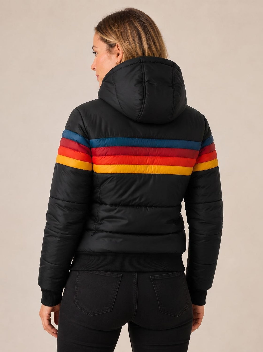 Josephine | Women's Hooded Puffer Jacket Sherpa Lined Retro Stripe
