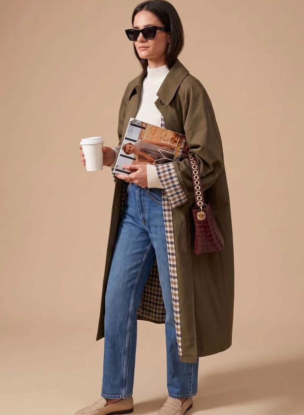 Josephine | Women's Long Trench Coat with Plaid Lining