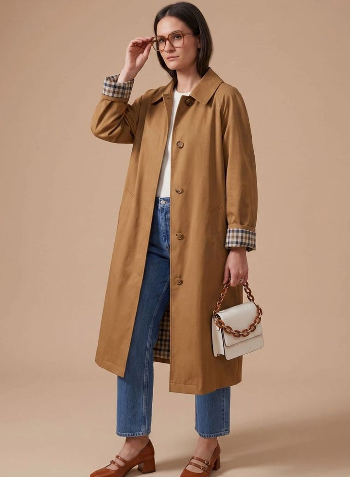 Josephine | Women's Long Trench Coat with Plaid Lining