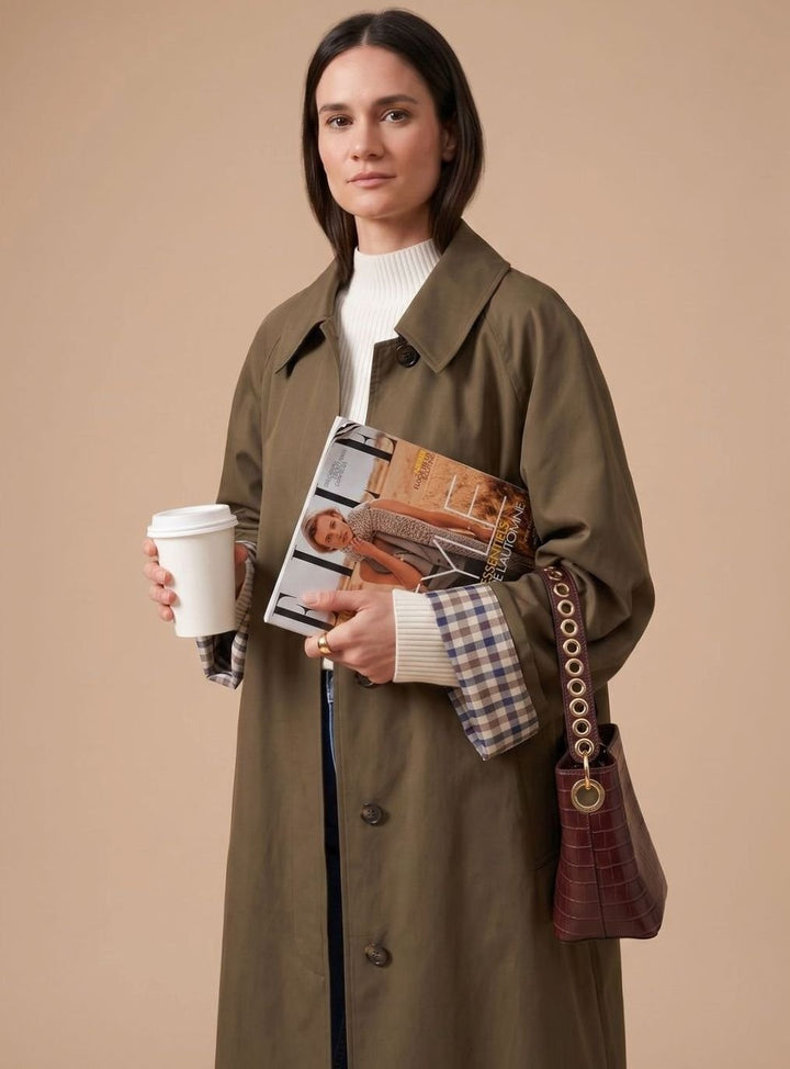 Josephine | Women's Long Trench Coat with Plaid Lining