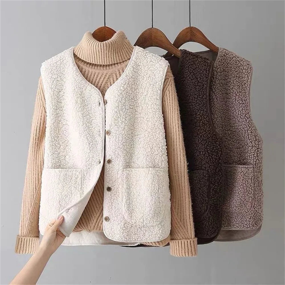 Lavinia | Women's Sherpa Button Front Cardigan Vest with Pockets
