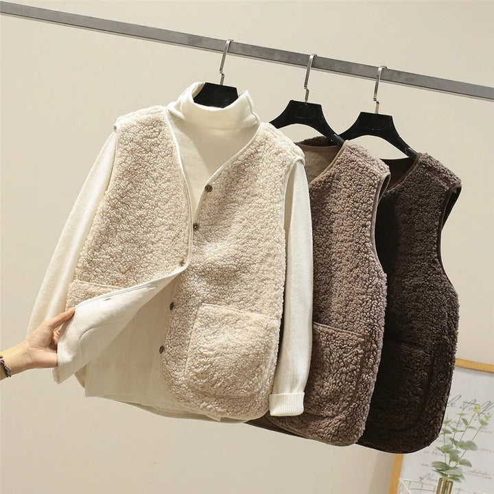 Lavinia | Women's Sherpa Button Front Cardigan Vest with Pockets
