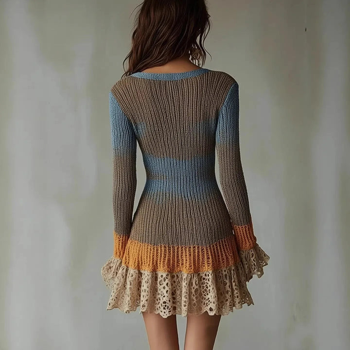 Lavinia | Women's V Neck Sweater Dress with Crochet Lace Hem