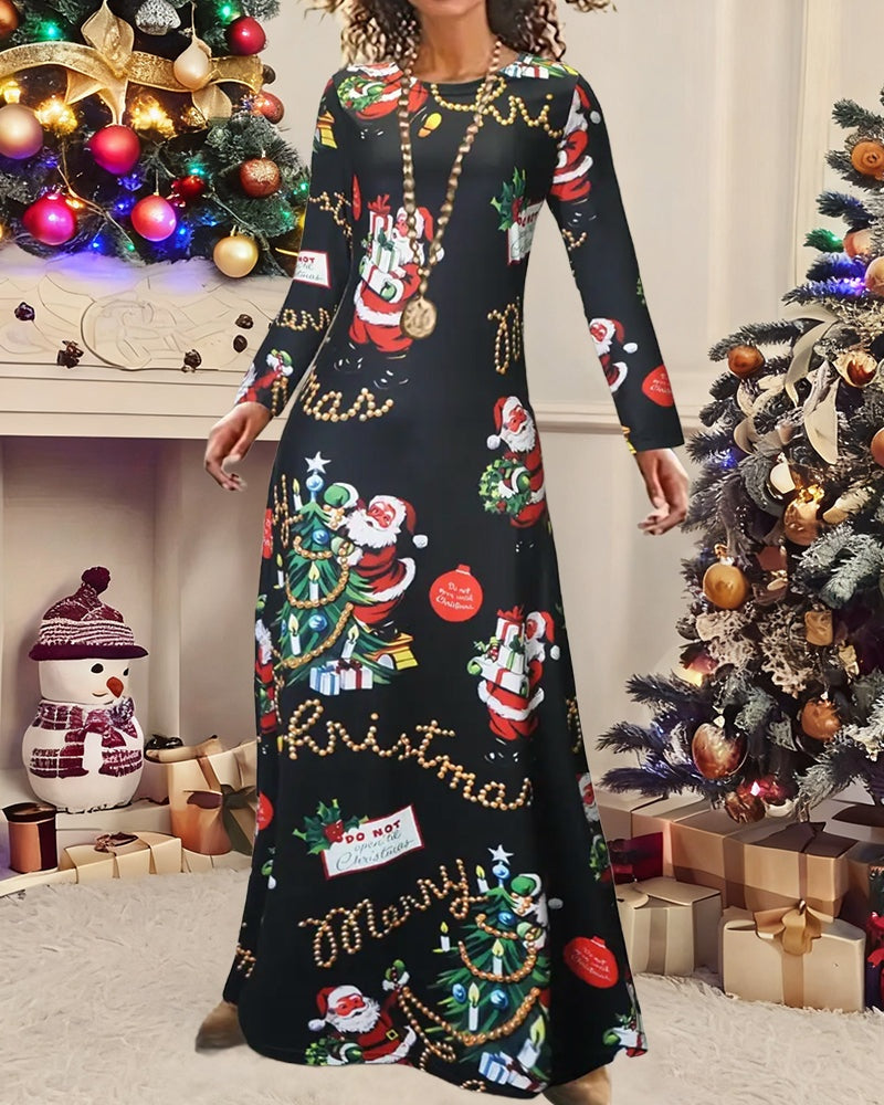 Leonora | Women's Christmas Long Sleeve Maxi Dress with Santa Print