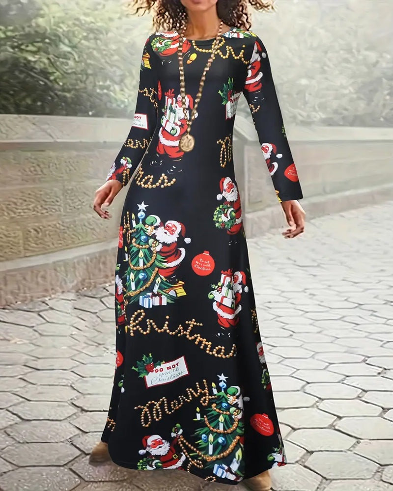 Leonora | Women's Christmas Long Sleeve Maxi Dress with Santa Print