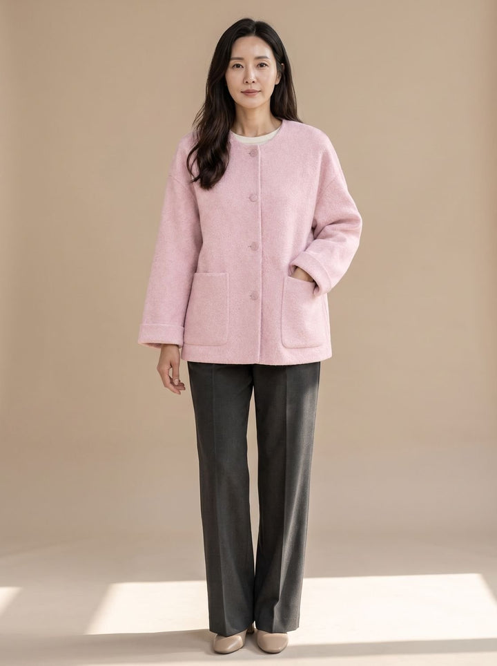 Leonora | Women's Short Wool Coat Jacket Collarless Round Neck