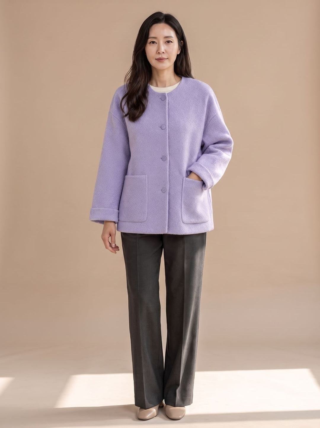 Leonora | Women's Short Wool Coat Jacket Collarless Round Neck