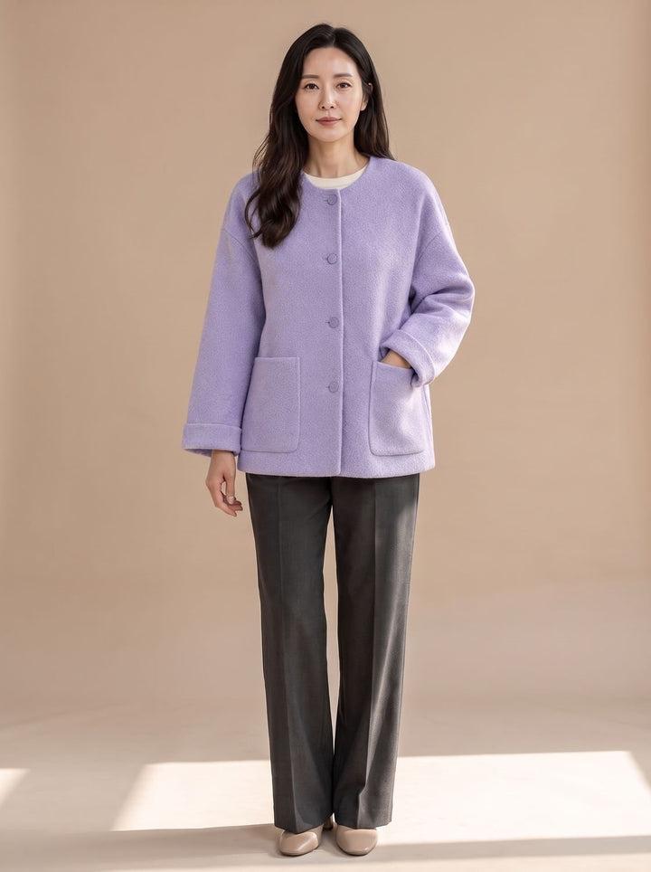 Leonora | Women's Short Wool Coat Jacket Collarless Round Neck