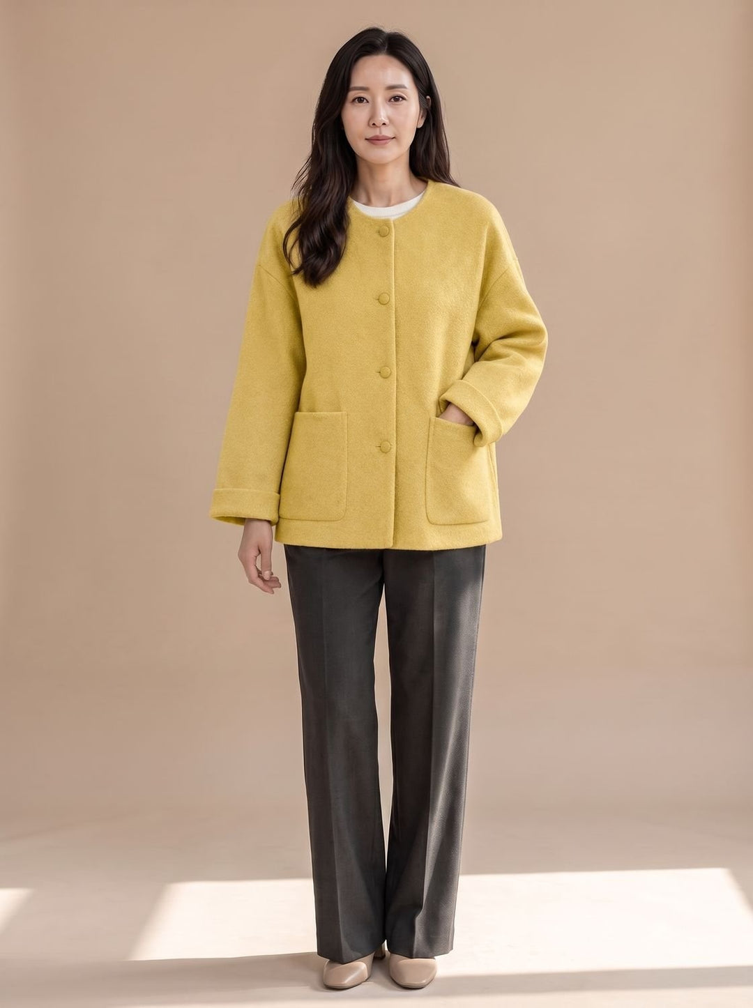 Leonora | Women's Short Wool Coat Jacket Collarless Round Neck