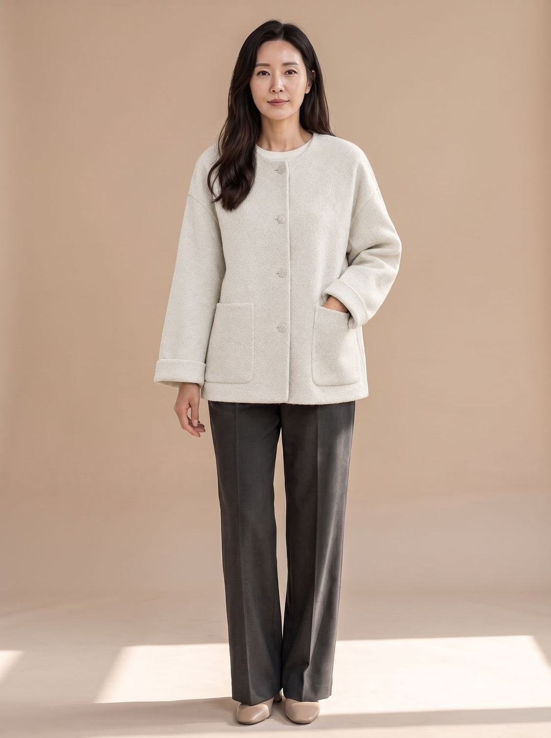 Leonora | Women's Short Wool Coat Jacket Collarless Round Neck
