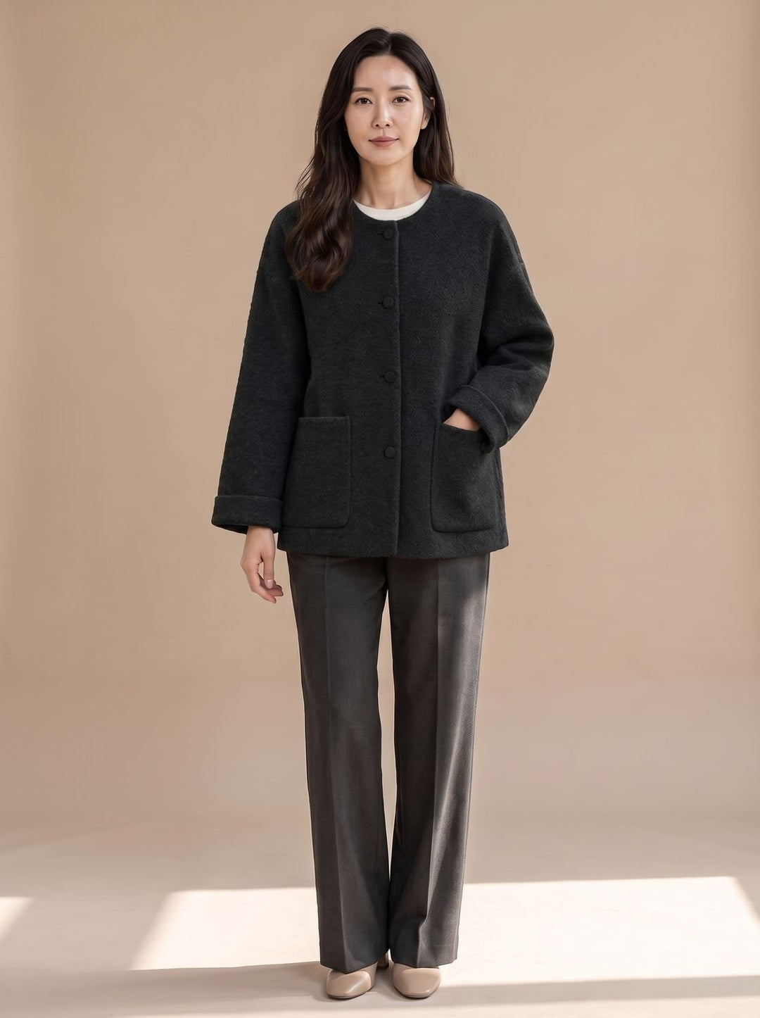 Leonora | Women's Short Wool Coat Jacket Collarless Round Neck