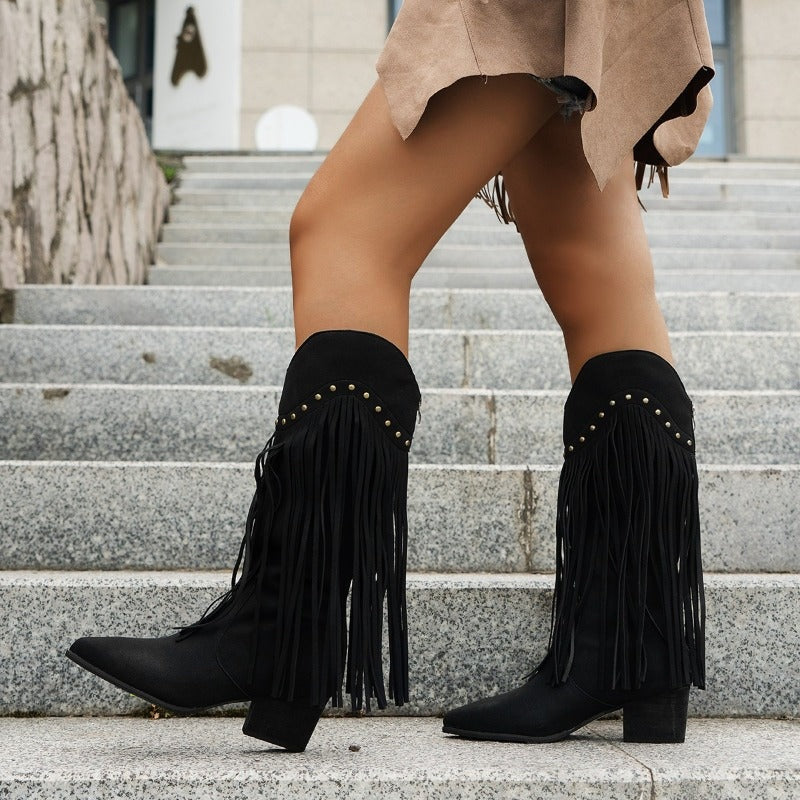 Magnolia | Women's Suede-Look Cowgirl Boots with Long Fringe