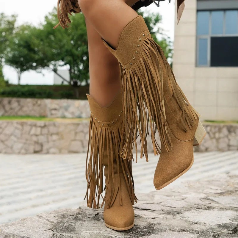 Magnolia | Women's Suede-Look Cowgirl Boots with Long Fringe