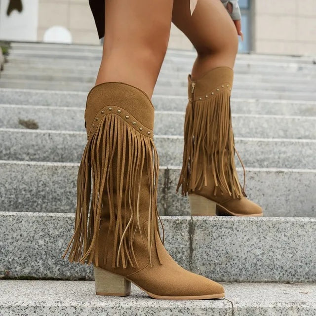 Magnolia | Women's Suede-Look Cowgirl Boots with Long Fringe