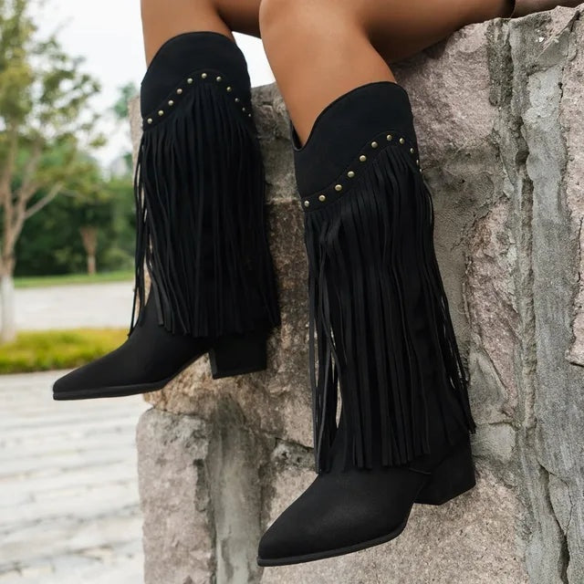 Magnolia | Women's Suede-Look Cowgirl Boots with Long Fringe