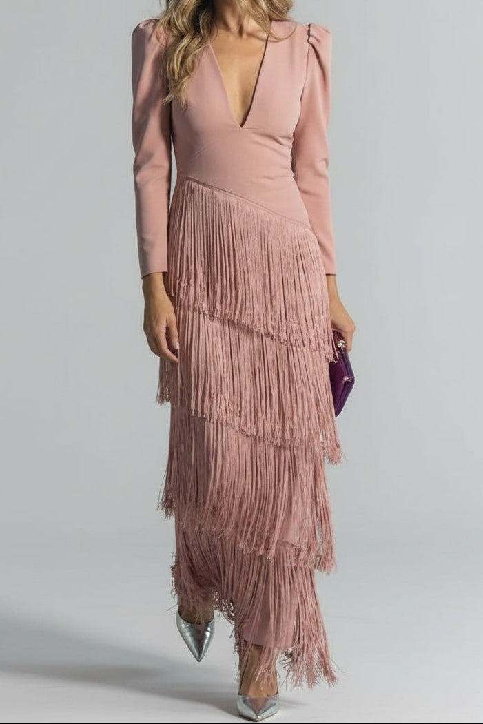 Margot | Women's Long Sleeve Winter Wedding Guest Dress Maxi Fringe