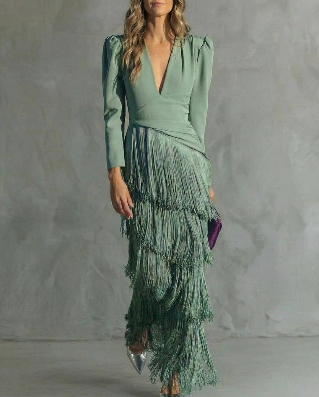 Margot | Women's Long Sleeve Winter Wedding Guest Dress Maxi Fringe