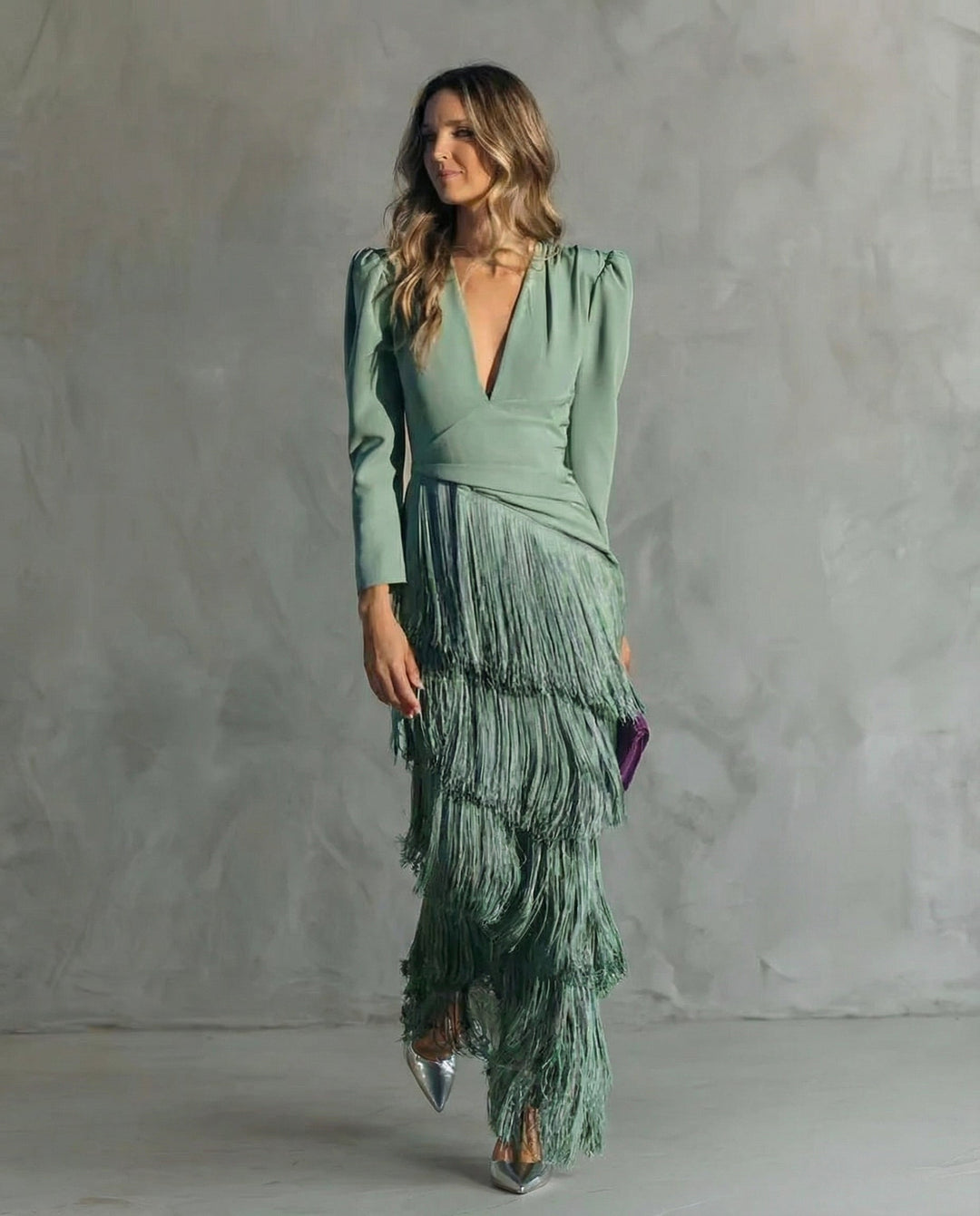 Margot | Women's Long Sleeve Winter Wedding Guest Dress Maxi Fringe