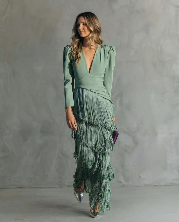Margot | Women's Long Sleeve Winter Wedding Guest Dress Maxi Fringe