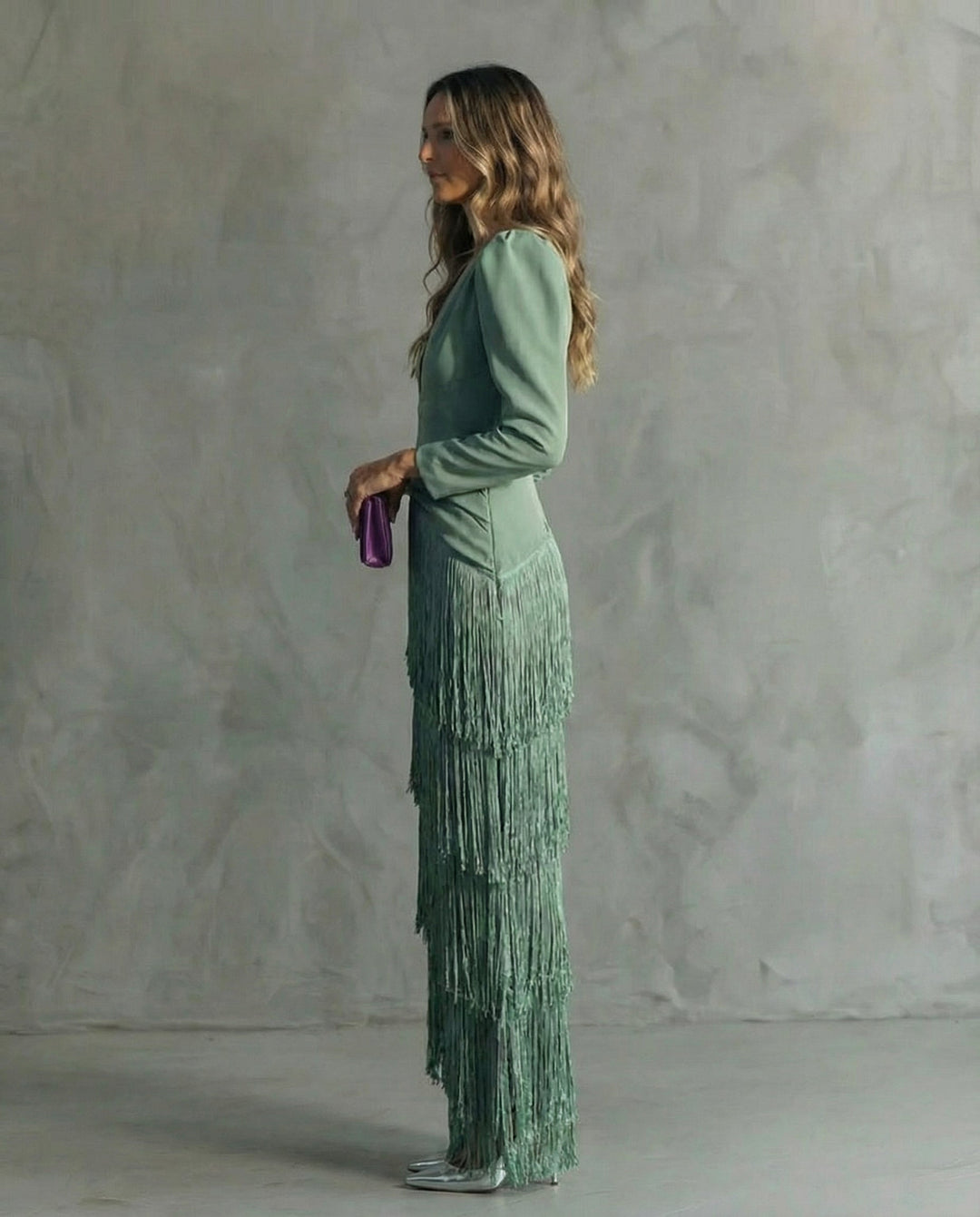 Margot | Women's Long Sleeve Winter Wedding Guest Dress Maxi Fringe