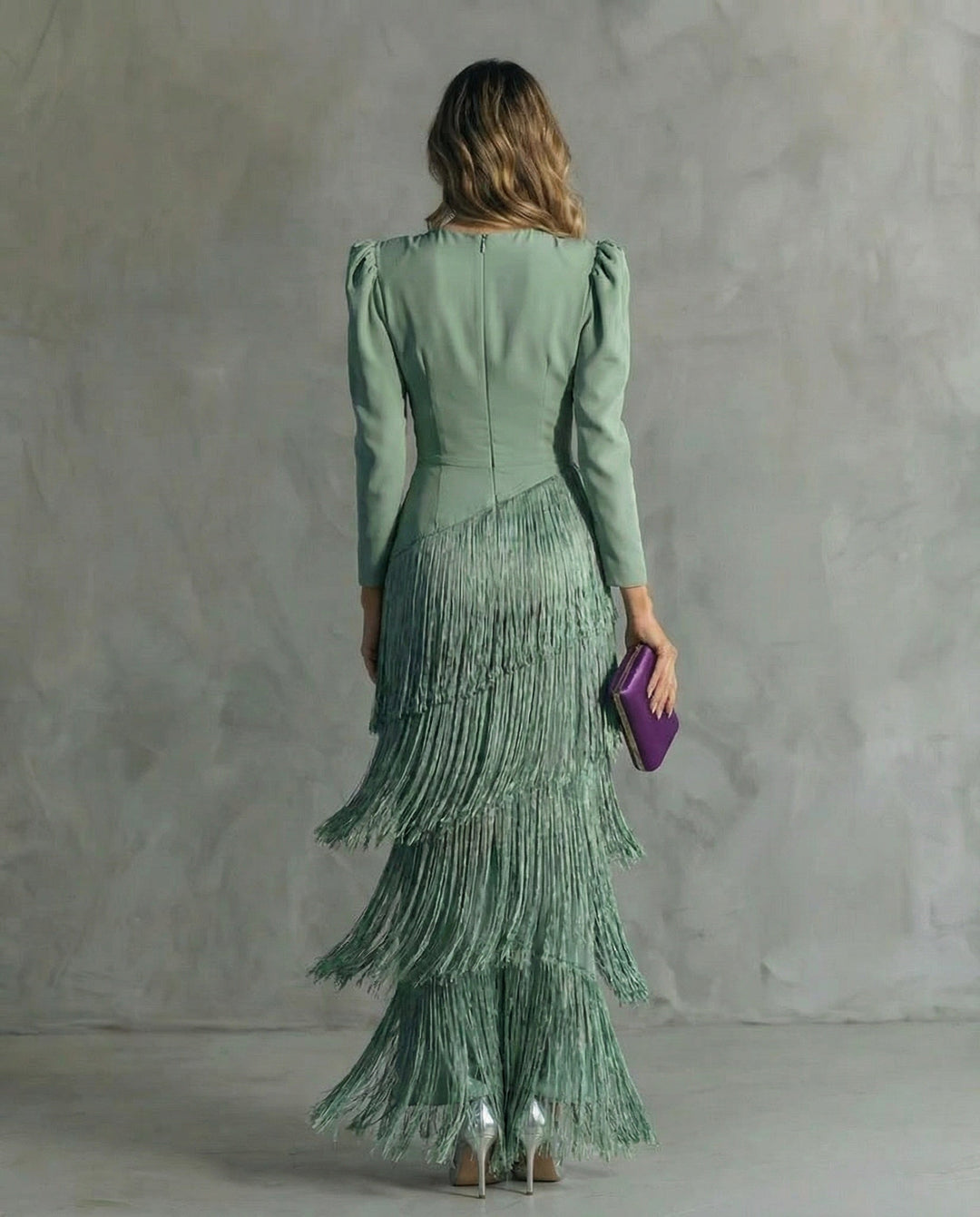 Margot | Women's Long Sleeve Winter Wedding Guest Dress Maxi Fringe