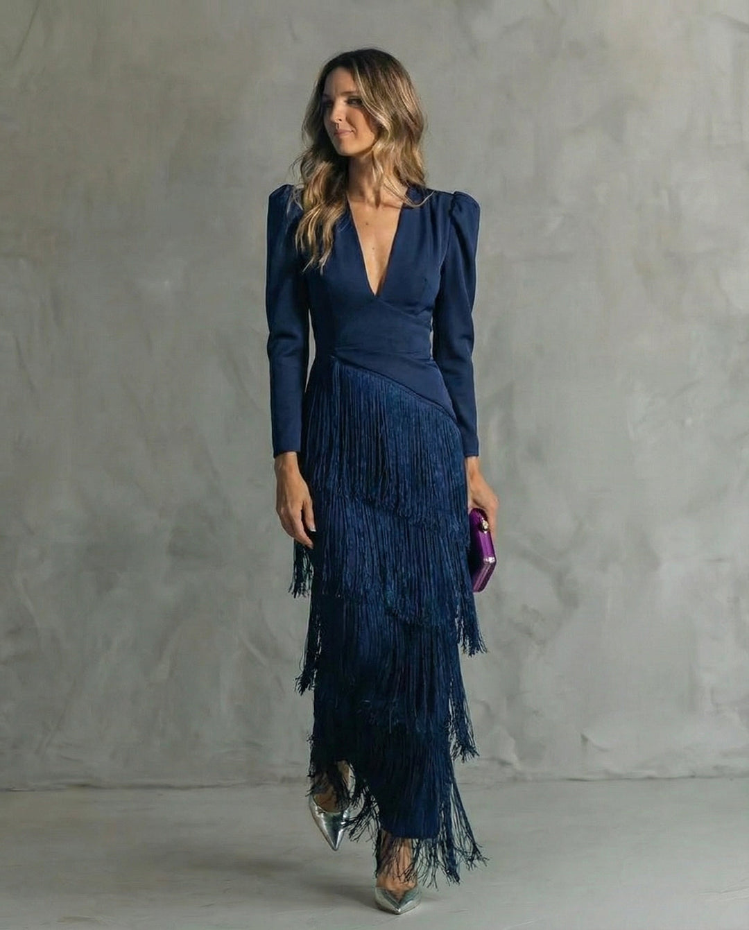 Margot | Women's Long Sleeve Winter Wedding Guest Dress Maxi Fringe