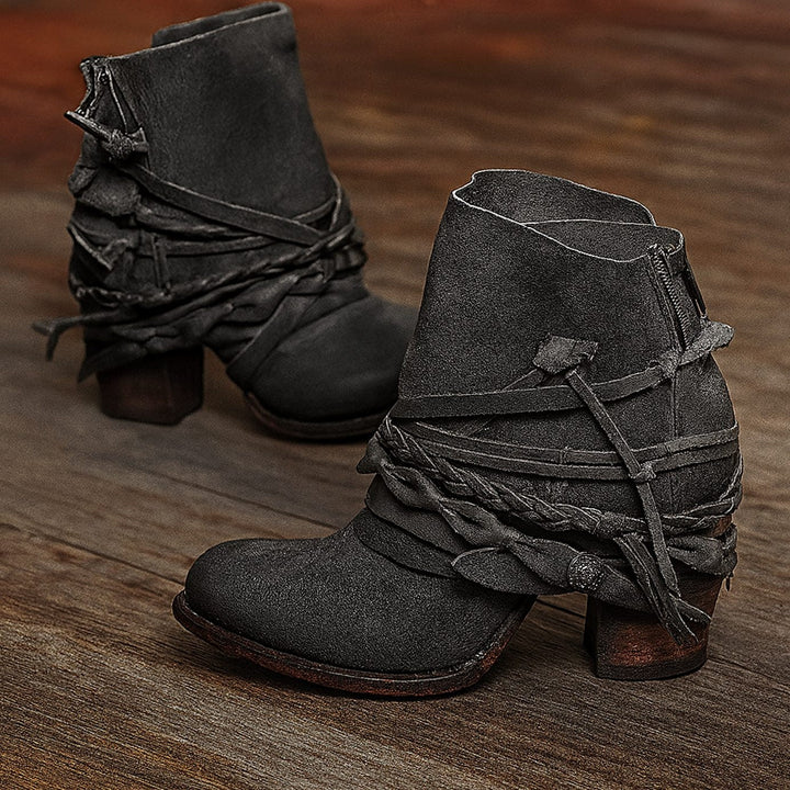Margot | Women's Western Ankle Boots Block Heel with Wrap Straps