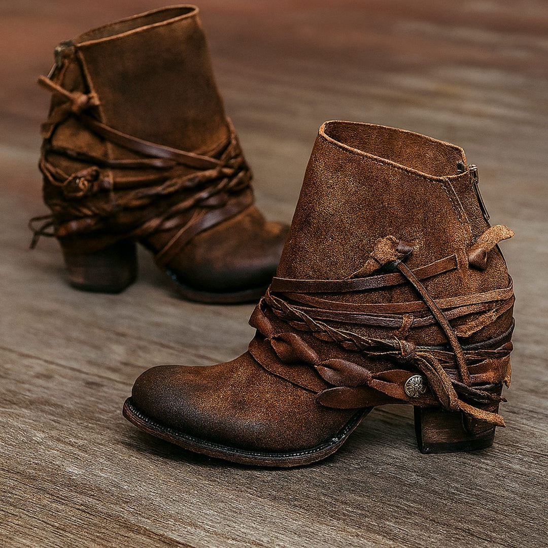 Margot | Women's Western Ankle Boots Block Heel with Wrap Straps