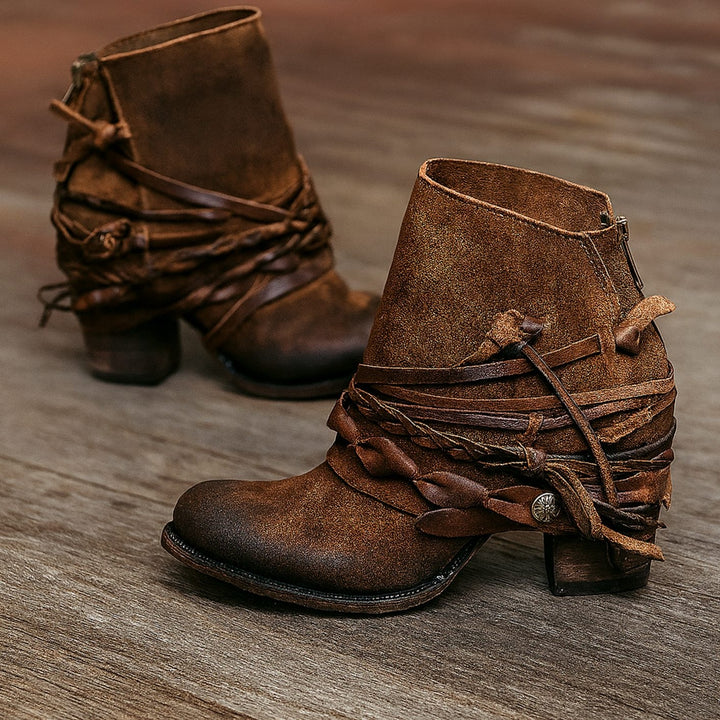 Margot | Women's Western Ankle Boots Block Heel with Wrap Straps