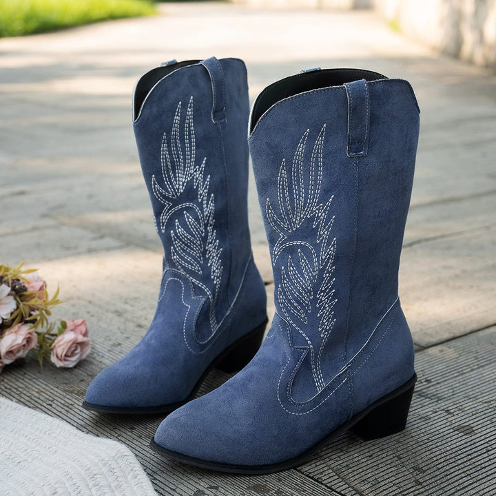 Marguerite | Women's Embroidered Cowgirl Boots Suede Mid-Calf
