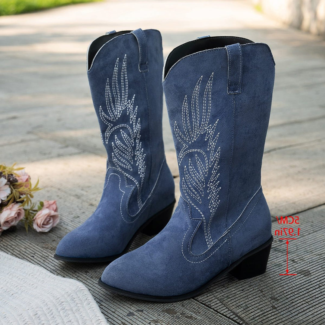 Marguerite | Women's Embroidered Cowgirl Boots Suede Mid-Calf