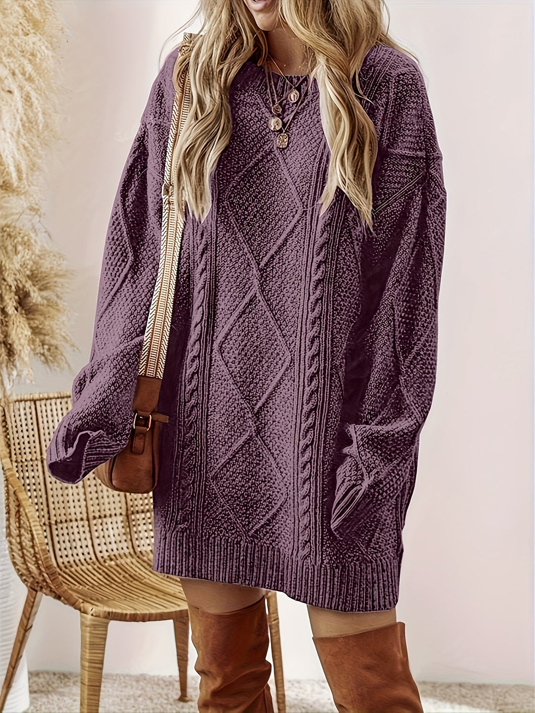 Marisol | Women's Cable Knit Sweater Dress Long Sleeve Mini