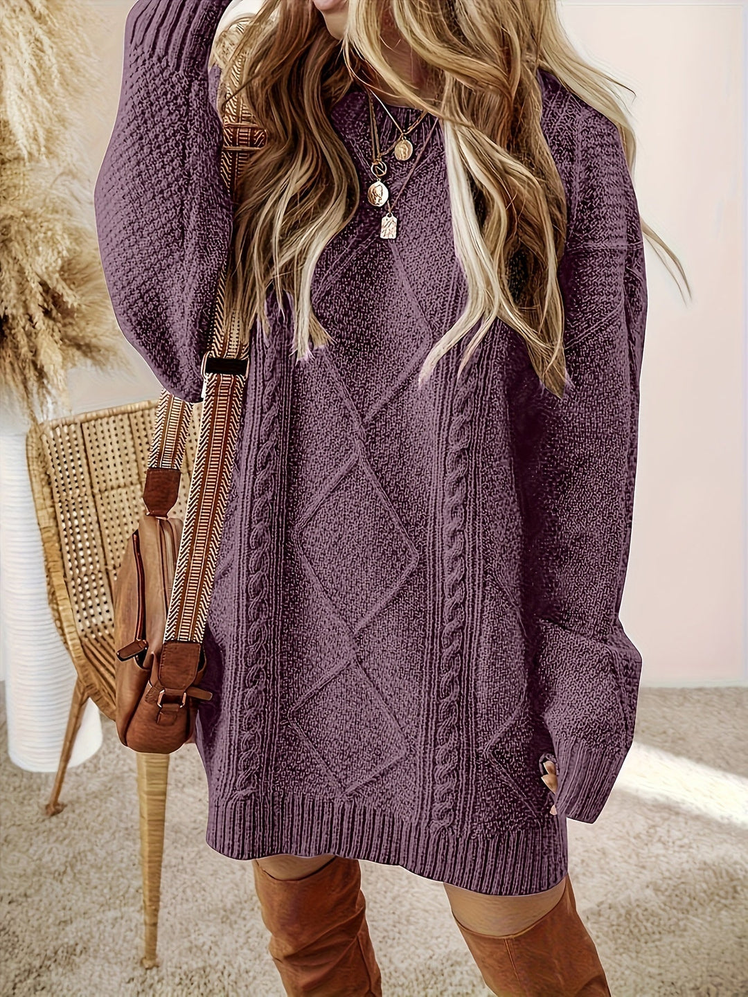 Marisol | Women's Cable Knit Sweater Dress Long Sleeve Mini