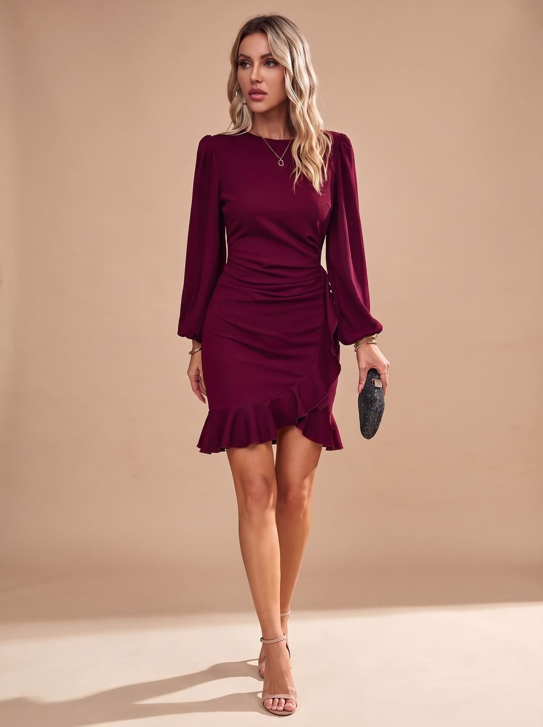 Marisol | Women's Long Sleeve Mini Cocktail Dress with Ruffle Hem